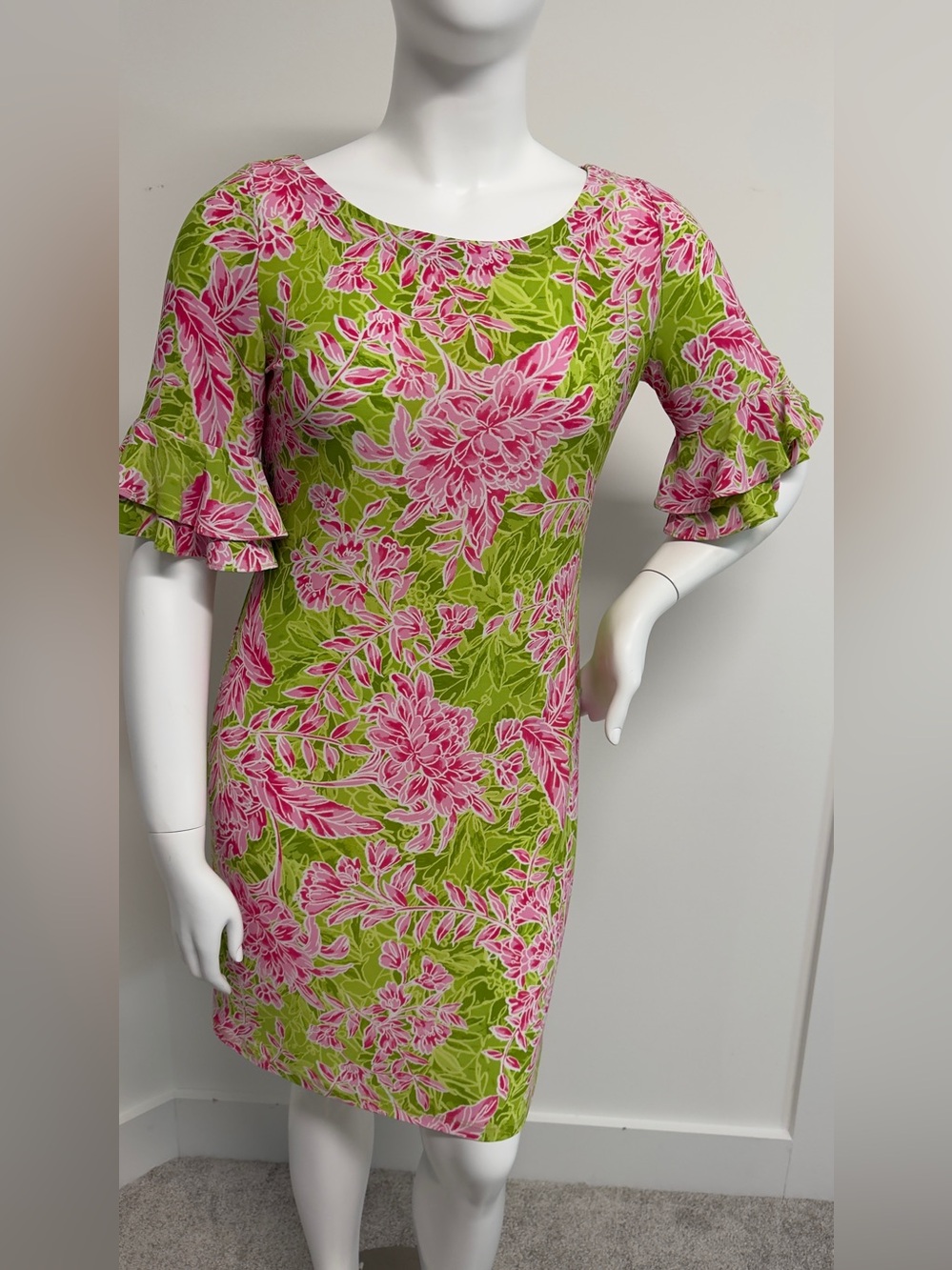 Papagallo Womens M Floral Shift Dress Green Pink Ruffle Sleeve Stretch